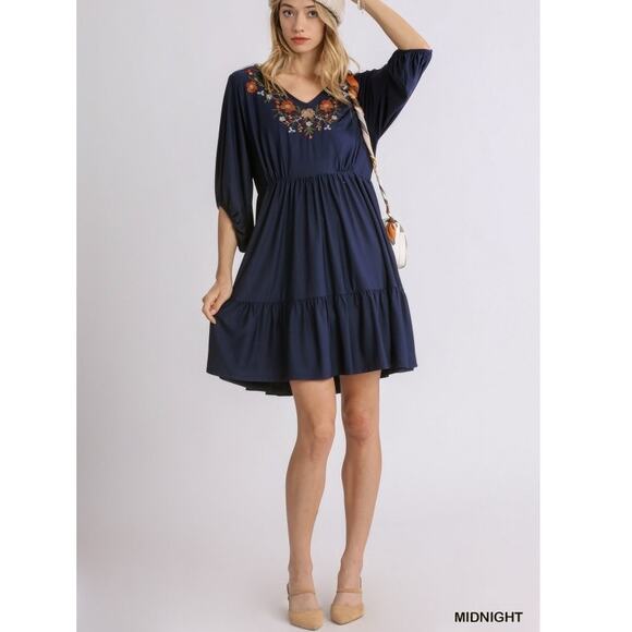 UMGEE Navy Floral Embroidered V-Neck Tiered Ruffle Boho Babydoll Dress Size S - Picture 1 of 10